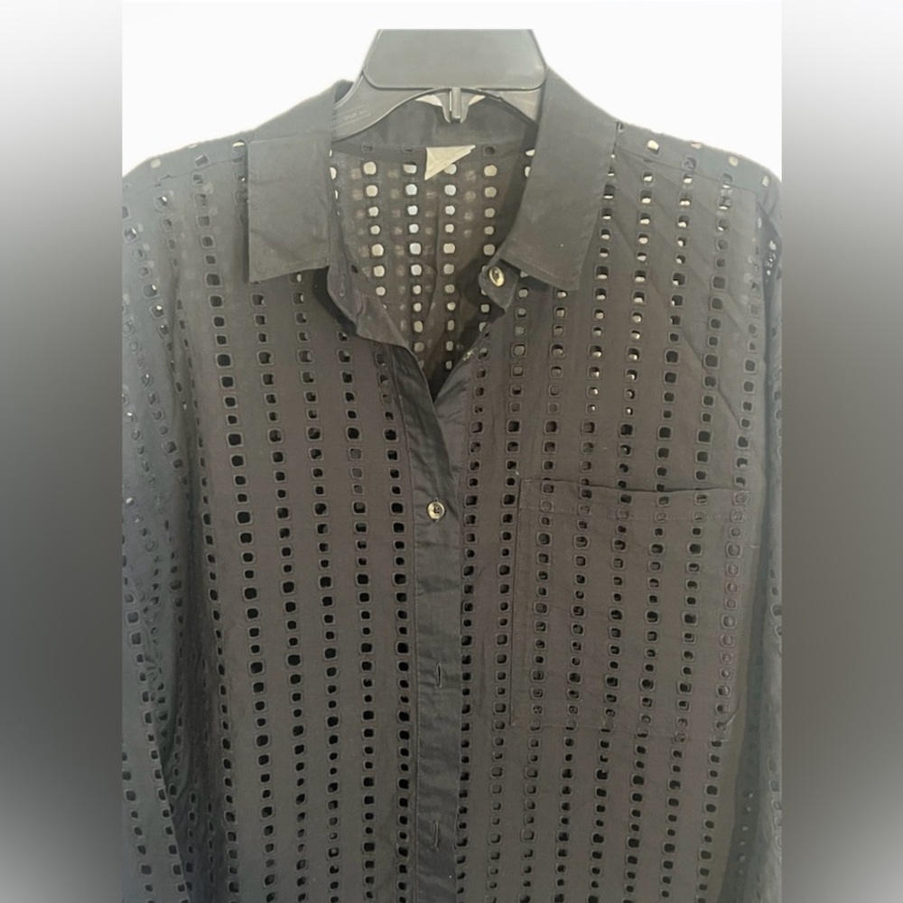 Black Perforated Button Down Blouse/Coverup